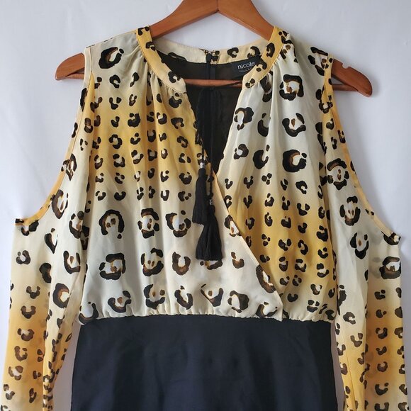 Nicole Miller Women's Leopard Print Top Black Bottom Cold Shoulder Dress Size 8 - Picture 4 of 13